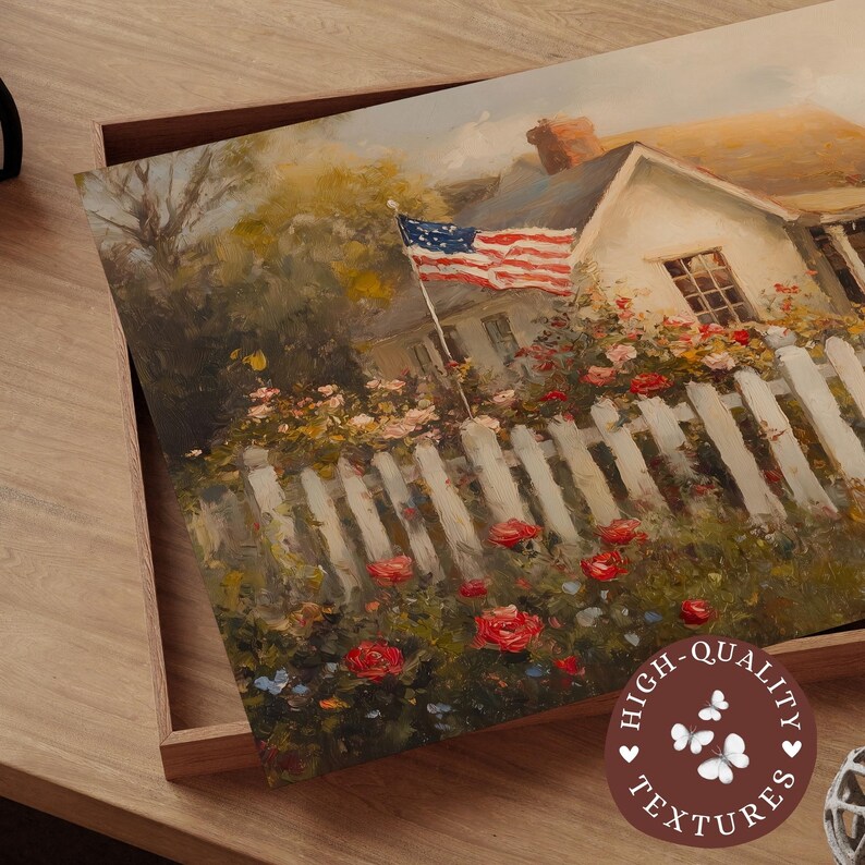May include: A painting of a white house with a picket fence and a red, white, and blue American flag flying in front of it. The house is surrounded by a lush garden with red, pink, and white flowers. The painting has a vintage, rustic feel.