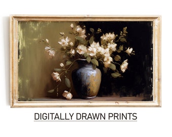 Samsung Frame TV Art, Vintage Flower, Still Life, Digital Download Painting, Spring Flowers Art, Farmhouse Antique Art