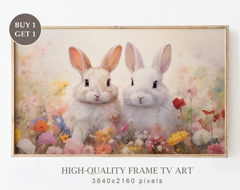Easter Bunnies Samsung Frame TV Art, Spring Bunnies in a Wildflowers Field TV Art, Easter Farmhouse Decor, Nursery Art, Digital Download