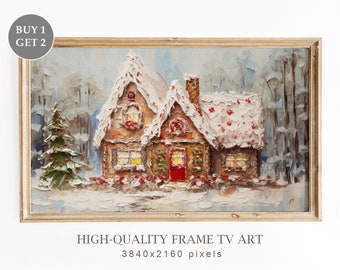 Arte de TV con marco de Navidad, Casa de pan de jengibre de Navidad, Arte navideño para TV, Decoración navideña de temporada, Arte de pared navideño, Descarga digital