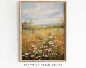 Spring Printable Wall Art, Wildflower Field Country Oil Painting, Easter Farmhouse Decor, Floral Print, Cottagore Wall Art, Digital Download