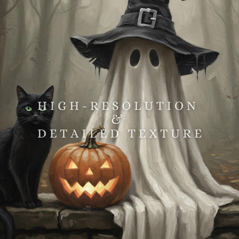 Printable Halloween Ghost & Black Cat Wall Art, Witch Hat Ghost With ...