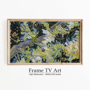 May include: A framed painting of a tree with green and blue leaves. The painting is in a light wood frame. The image is high resolution, 3840x2160 pixels.