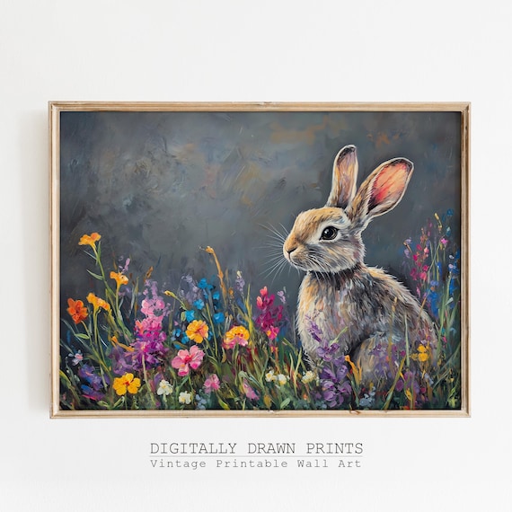 Dark Easter Bunny Printable Wall Art, Moody Wildflowers Rabbit