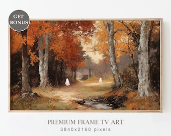 Cuadro de TV con lindos fantasmas espeluznantes en un paisaje otoñal, cuadro de TV con marco de Halloween, decoración rústica de otoño, cuadro de fantasmas, descarga digital