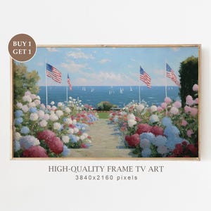 May include: A framed landscape painting depicts a coastal scene with American flags waving in the breeze. A path leads through colorful hydrangeas to the ocean, with sailboats on the water. The artwork is labeled "HIGH-QUALITY FRAME TV ART".