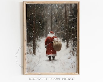 Printable Christmas Wall Art, Vintage Santa Oil Painting, Snowy Landscape Art, Seasonal Christmas Decor, Christmas Print, Digital Download