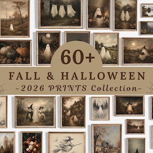 Zestaw ponad 60 wydrukowanych grafik ściennych na Halloween i jesień, zestaw Vintage Cottagecore Gallery, neutralne dekoracje jesienne, kolekcja antycznych plików cyfrowych do pobrania
