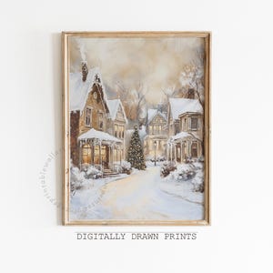 Winter Village Printable Wall Art, Neutral Farmhouse Snowy Holiday Decor, Vintage Christmas Print, Festive Print Digital Download