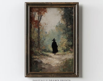 Vintage Printable Halloween Witch Wall Art, Halloween Rustic Wall Decor, Dark Academia Halloween Painting, Digital Download Art