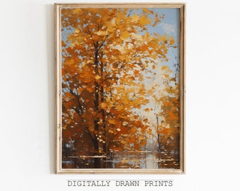 May include: A painting of a forest scene with golden leaves on the trees and a reflection of the trees in a still body of water.