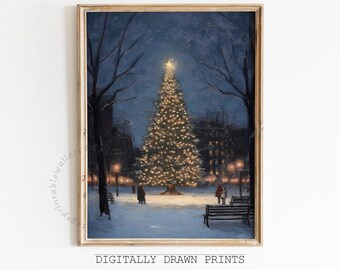 Moody Christmas Pinetree Wall Art Print, Snowy Park Painting, Winter Landscape Print, Christmas Home Decor, Christmas Cottagecore Wall Art
