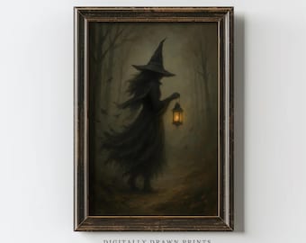 Impresión imprimible de bruja de Halloween, arte mural de brujas, decoración rústica de pared de Halloween, pintura de Halloween de Dark Academia, arte digital descargable