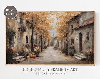 Fall American Town Frame TV Art, Autumn Street Landscape Digital Download, Vintage Fall Village Painting, Thanksgiving Frame TV Art