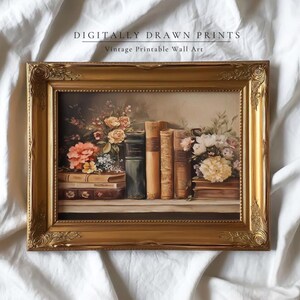 May include: A vintage-style painting of a still life featuring a bouquet of flowers and a stack of antique books in a gold frame. The painting is digitally drawn and suitable for printing.