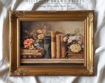 Printable Summer Floral Book Wall Art, Vintage Light Academia Decor, Bookish Botanical Shelf Print, Vintage Summer Print Digital Download
