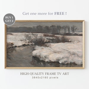 May include: A framed painting of a snowy landscape with a river winding through it. The painting is in a light wood frame and has a high-quality finish. The text "BUY 1 GET 2" and "Get one more for FREE!" are visible in the image. The text "HIGH-QUALITY FRAME TV ART 3840x2160 pixels" is also visible in the image.