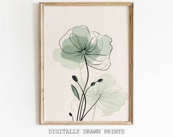 Arte Botânica de Parede | arte de parede verde sábio | Ilustração floral | Impressão de arte Boho | Parede Boho Ar| flores do verde prudente pôster | Impressão digital