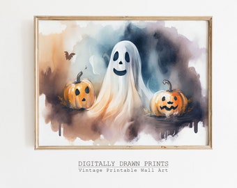Ghosts Printable Wall Art, Halloween Art Print Downloadable, Water Color Home Decor Instant Download, Spooky Bedroom Wall Decor, Digital Art