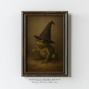 Vintage Halloween Frog Printable, Toad with Witch Hat Print, Dark Academia Cottagecore Decor, Spooky Victorian Frog Painting Halloween Print