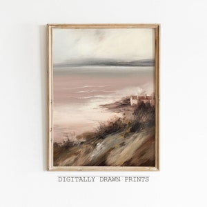 Vintage Oil Painting  Art, Warm Tone Coastal Painting, Neutral Landscape Painting, Muted Tonal Print, Digital Download