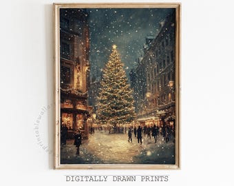 May include: A digital painting depicting a snowy European street scene at night, featuring a large Christmas tree in the centre. The tree is adorned with lights and decorations. People are walking around the tree, with buildings lining either side of the street.