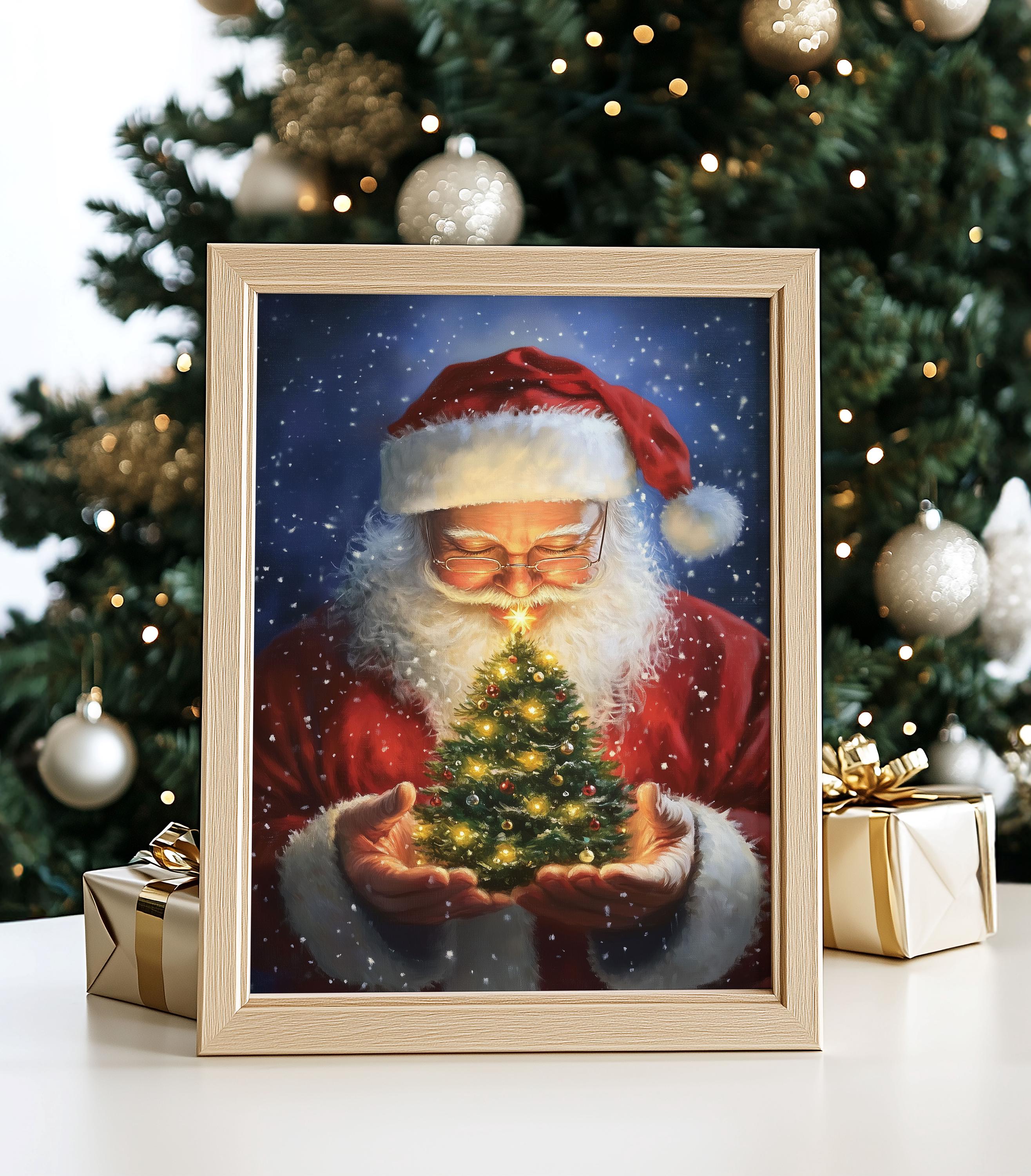 ヴィンテージ サンタクロースの印刷可能な壁アート、クリスマスツリー