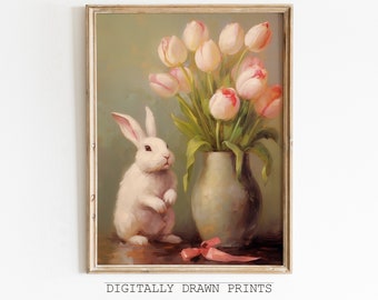 Easter Bunny Printable Wall Art, Easter Bunny Still Life Oil Painting, Floral Print, Easter Farmhouse Decor, Cottagore Wall Art