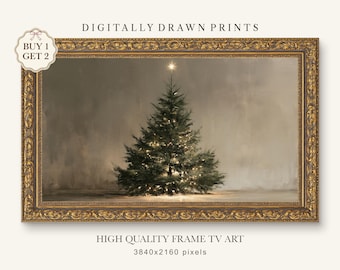 Vintage Christmas Tree Frame TV Art, Neutral Holiday Painting, Glowing Winter Decor, Samsung Frame Digital Download TV Artwork Decor