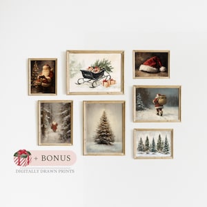 May include: A collection of eight framed Christmas prints featuring Santa Claus, a sleigh full of presents, a snowy forest, and a Christmas tree. The prints are arranged in a grid pattern on a white wall.