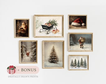 Printable Vintage Christmas Prints, Set of 7 Winter Gallery Wall Arts, Santa Claus Print, Farmhouse Christmas Decor, Digital Download