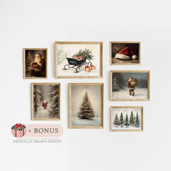 Printable Vintage Christmas Prints, Set of 7 Winter Gallery Wall Arts, Santa Claus Print, Farmhouse Christmas Decor, Digital Download