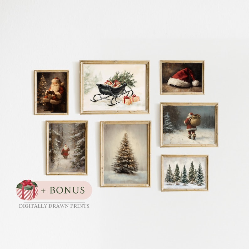 May include: A collection of eight framed Christmas prints featuring Santa Claus, a sleigh full of presents, a snowy forest, and a Christmas tree. The prints are arranged in a grid pattern on a white wall.