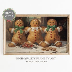 Peut inclure: Trois hommes en pain d'épices avec des nœuds verts se tiennent sur une nappe blanche avec une assiette de baies rouges et un tas de biscuits. La peinture est encadrée dans un cadre en bois clair. HIGH-QUALITY FRAME TV ART 3840x2160 pixels
