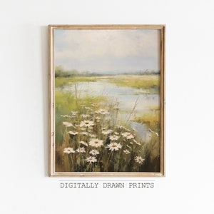 Printable Wildflower Field Landscape Vintage Oil Painting, Spring Farmhouse Print, Neutral Wall Spring Wall Art, Digital Download