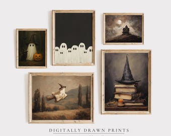 Printable Halloween Gallery Set of 5, Cute Ghosts Prints, Witchy Halloween Decor, Farmhouse Gallery Wall Set, Downloadable Prints