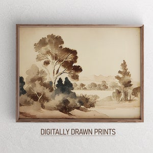 Antique Rustic Muted Landscape Painting, Vintage Neutral Wall Art, PRINTABLE Digital Art