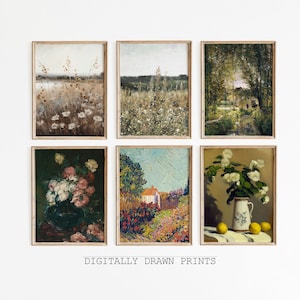 Set of 6 Printable Wall Art, Printable Wildflower Landscape Oil Painting, Vintage Farm House, Country Field Landscape, Digital Download