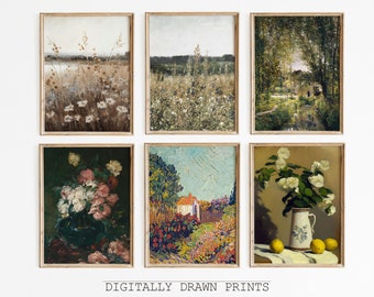 Set of 6 Printable Wall Art, Printable Wildflower Landscape Oil Painting, Vintage Farm House, Country Field Landscape, Digital Download