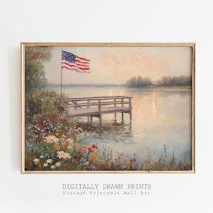 Neutral Coastal 4th of July Printable Wall Art Print, Muted American Flag Painting, Vintage Americana Digital Art for Farmhouse Summer Decor