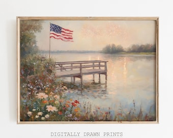 Stampa artistica da parete stampabile con tema costiero neutro del 4 luglio, dipinto con bandiera americana dai toni tenui, arte digitale vintage americana per decorazioni estive in stile fattoria.