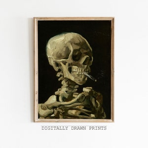 Van Gogh Moody Skull of a Skeleton with Burning Cigarette, Moody Dark Academia Print, Dark Wall Art, Skull Art Print, Gothic Wall Art