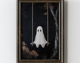 Ghost on Swing Printable Wall Art, Spooky Dark Halloween Wall Decor, Cute Ghost Painting, Moody Digital Printable Decor