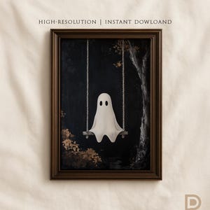 Ghost on Swing Printable Wall Art, Spooky Dark Halloween Wall Decor, Cute Ghost Painting, Moody Digital Printable Decor