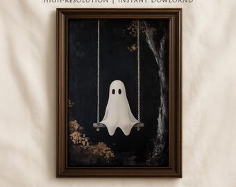 Ghost on Swing Printable Wall Art, Spooky Dark Halloween Wall Decor, Cute Ghost Painting, Moody Digital Printable Decor