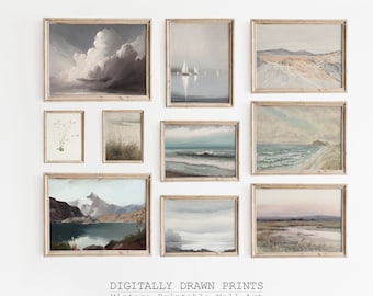 Vintage Neutral Gallery Wall Print, SET of 10,  Coastal Wall Art Print, Neutral Gallery Set, Vintage Room Home Decor, Art Digital Download
