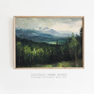 Printable Moody Country Landscape Painting, Vintage Art Print, Mountains Oil Painting, Farmhouse Print, Cottagecore Decor, Digital Download