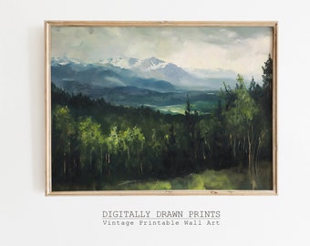 May include: A vintage landscape painting of a mountain range with snow-capped peaks, a valley with trees, and a cloudy sky. The painting is framed in a light wood frame.