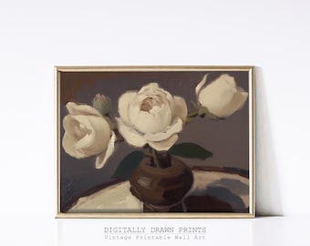 Pintura de rosas de naturaleza muerta neutra, imprimible, impresión botánica vintage, decoración de granja, descarga digital