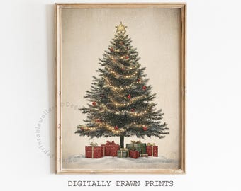 Neutral Printable Christmas Tree Wall Art, Winter Print, Vintage Christmas Tree Print, Rustic Farmhouse Christmas Decor, Digital Download